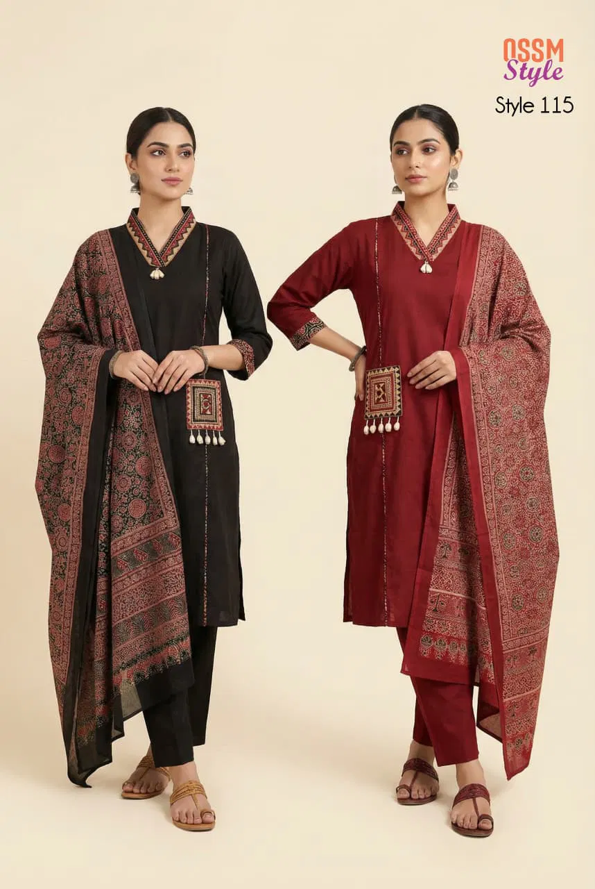 Ossm Style 115 Cotton Dhabu With Handworked Kurti With Bottom Dupatta