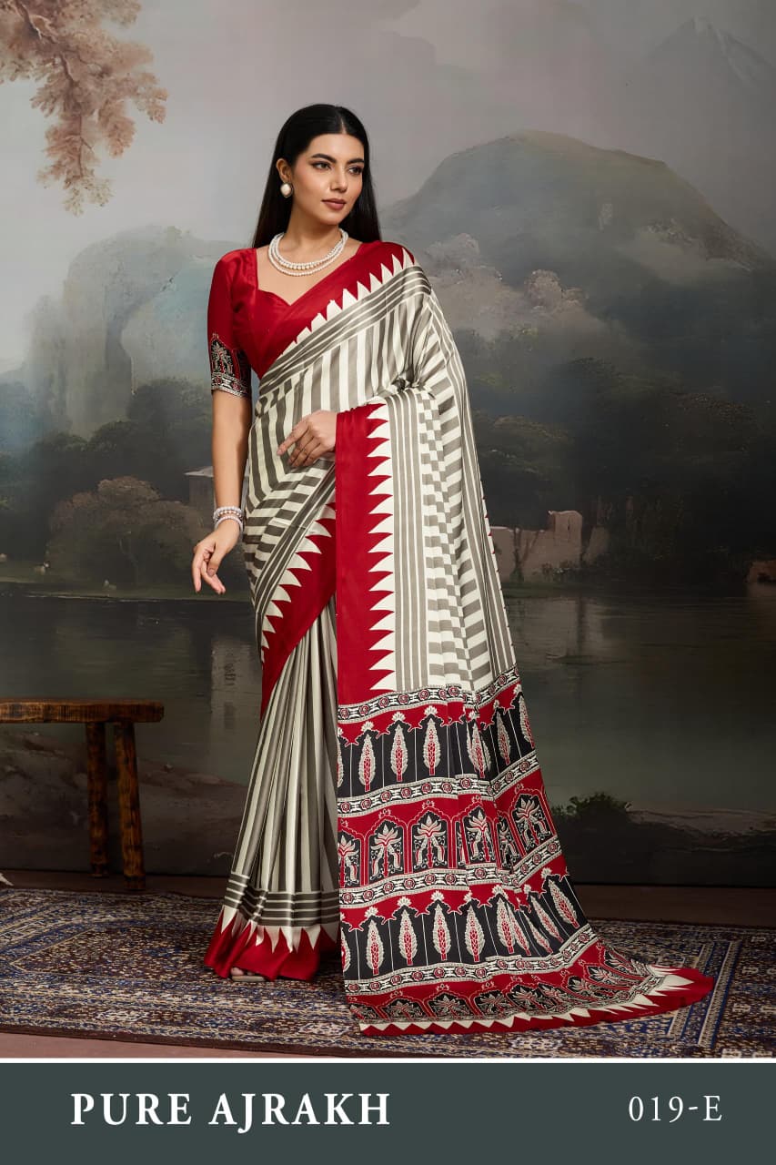 Pure Ajrakh 019 A To F Modal Satin Ajrakh Printed Saree Collection