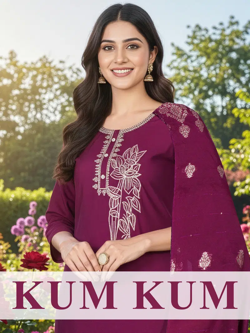 De Kum Kum Roman Silk Embroidered Fancy Kurti With Bottom Dupatta
