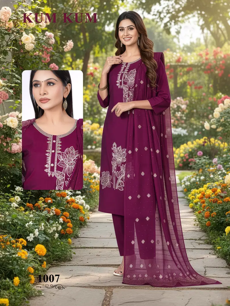 De Kum Kum Roman Silk Embroidered Fancy Kurti With Bottom Dupatta