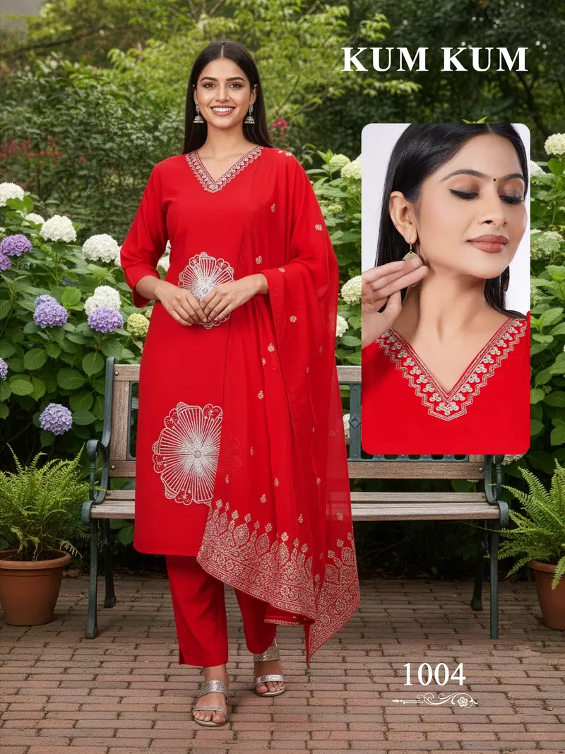 De Kum Kum Roman Silk Embroidered Fancy Kurti With Bottom Dupatta