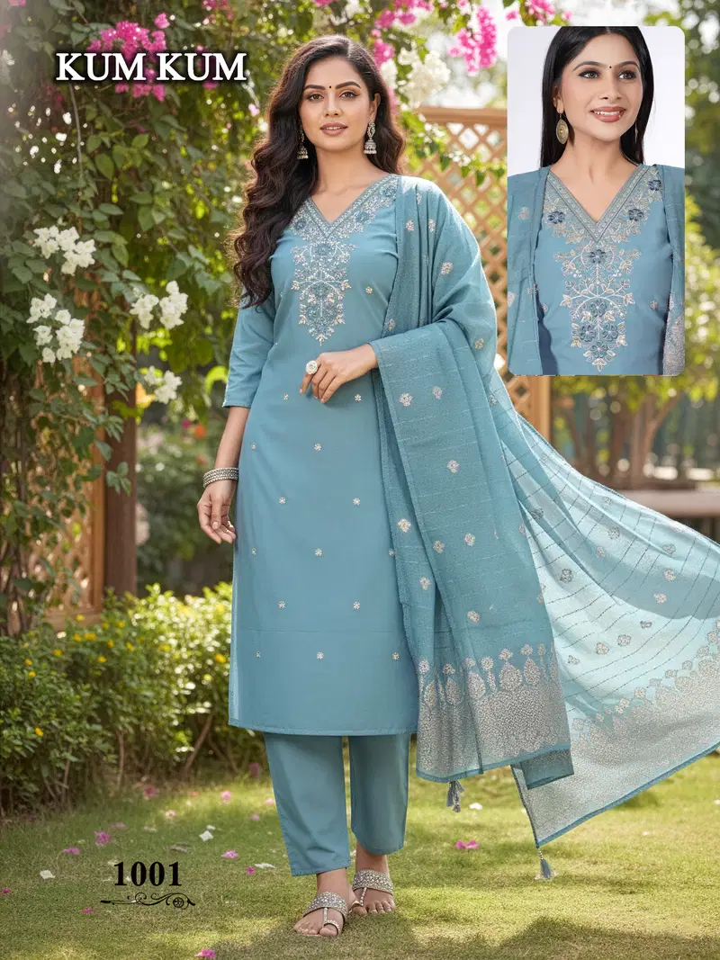 De Kum Kum Roman Silk Embroidered Fancy Kurti With Bottom Dupatta