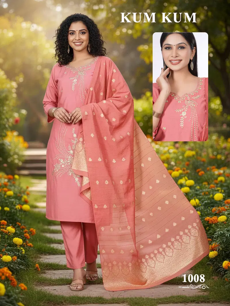 De Kum Kum Roman Silk Embroidered Fancy Kurti With Bottom Dupatta