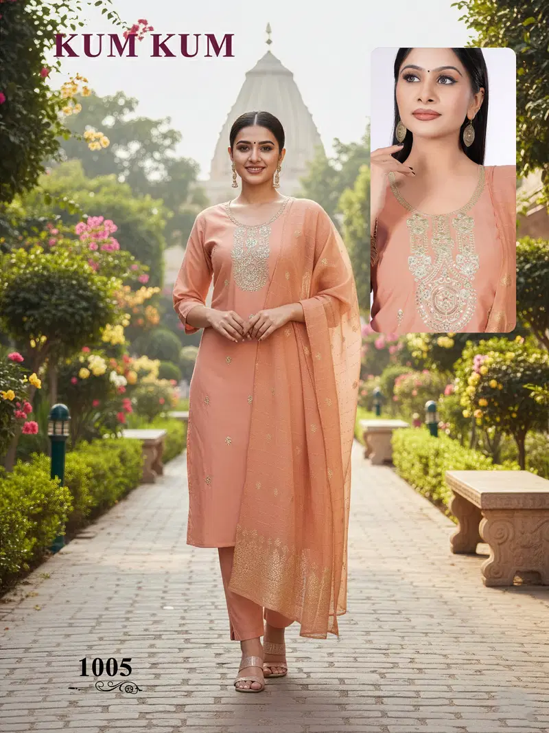 De Kum Kum Roman Silk Embroidered Fancy Kurti With Bottom Dupatta