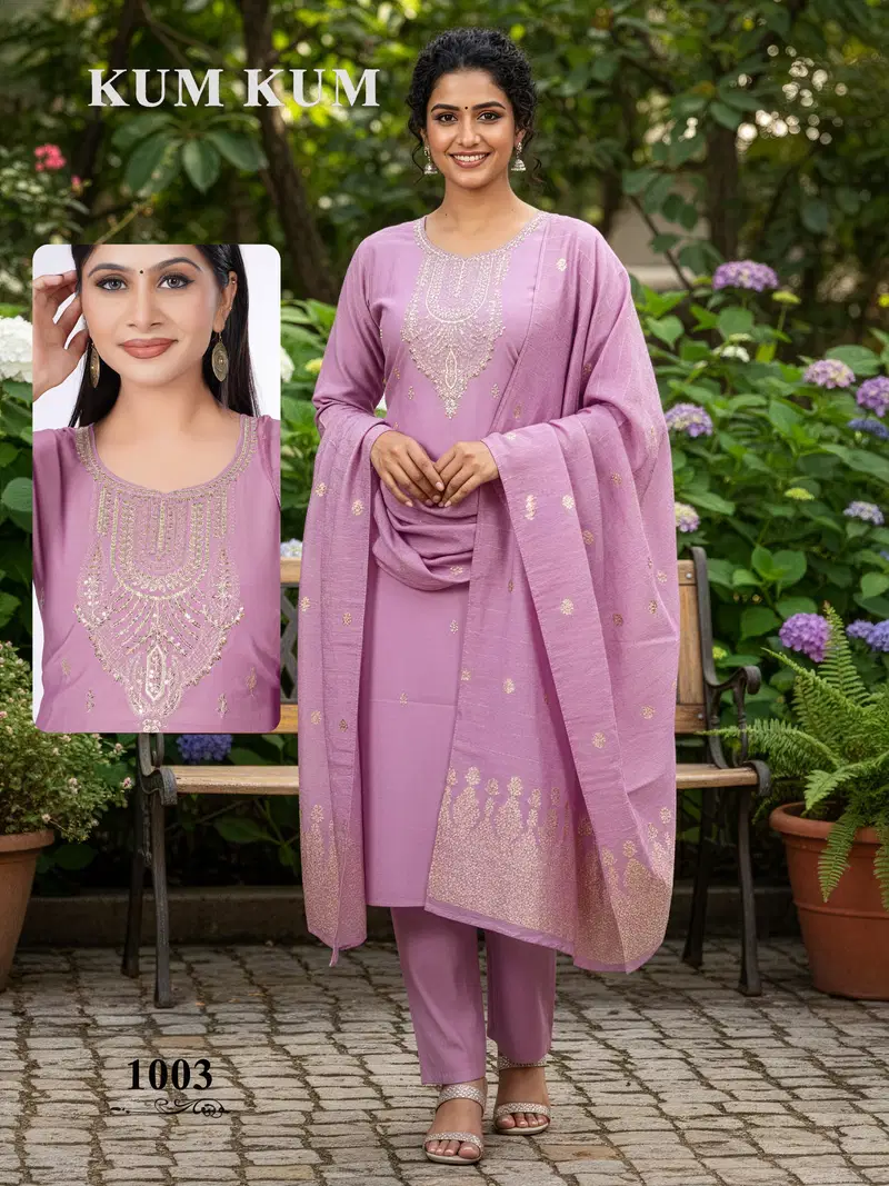 De Kum Kum Roman Silk Embroidered Fancy Kurti With Bottom Dupatta