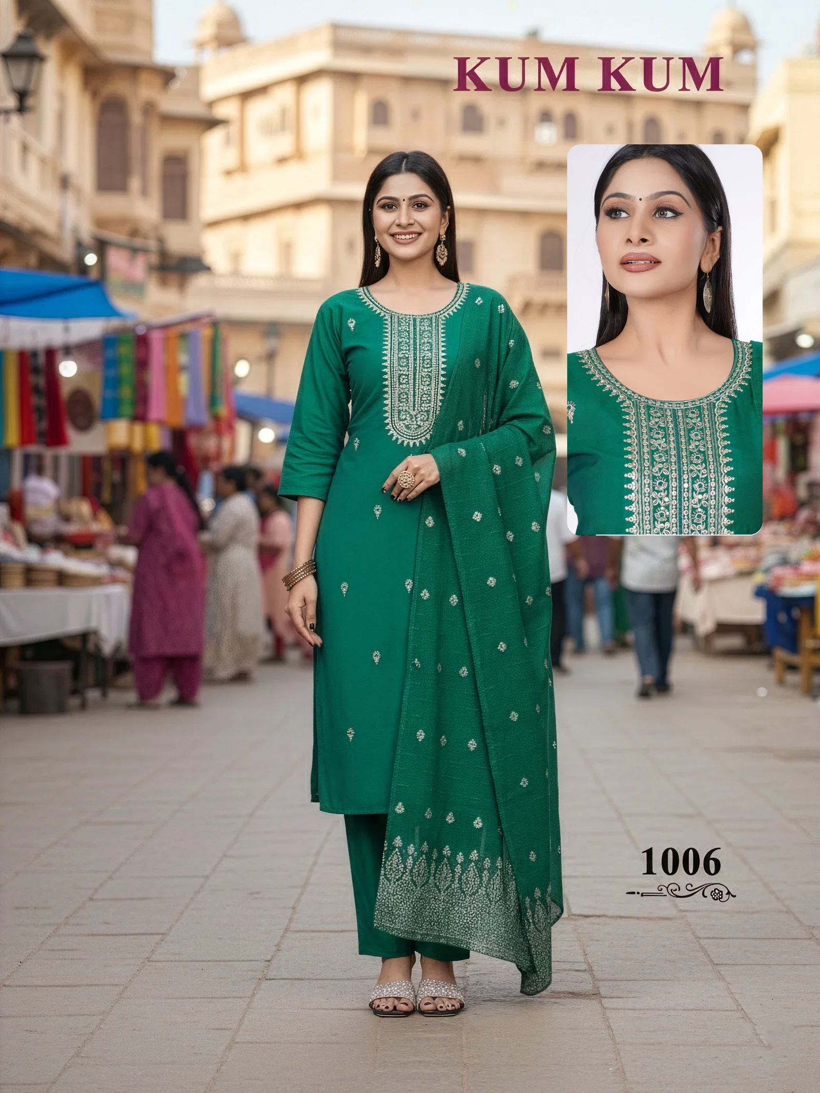 De Kum Kum Roman Silk Embroidered Fancy Kurti With Bottom Dupatta