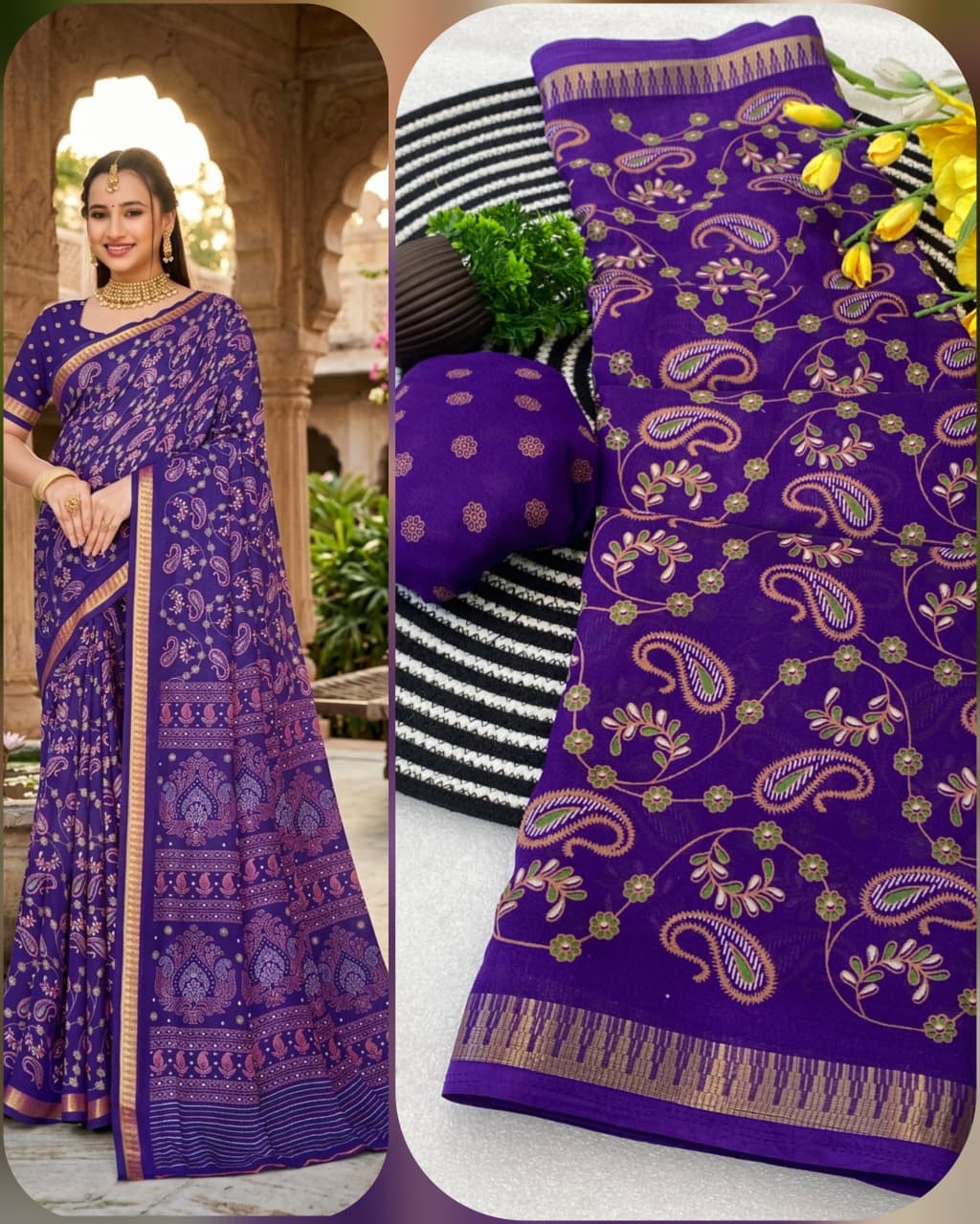 VLC Amba Soft Mul Cotton Silk Ajarakh design and Pen Kalamkari Design Saree