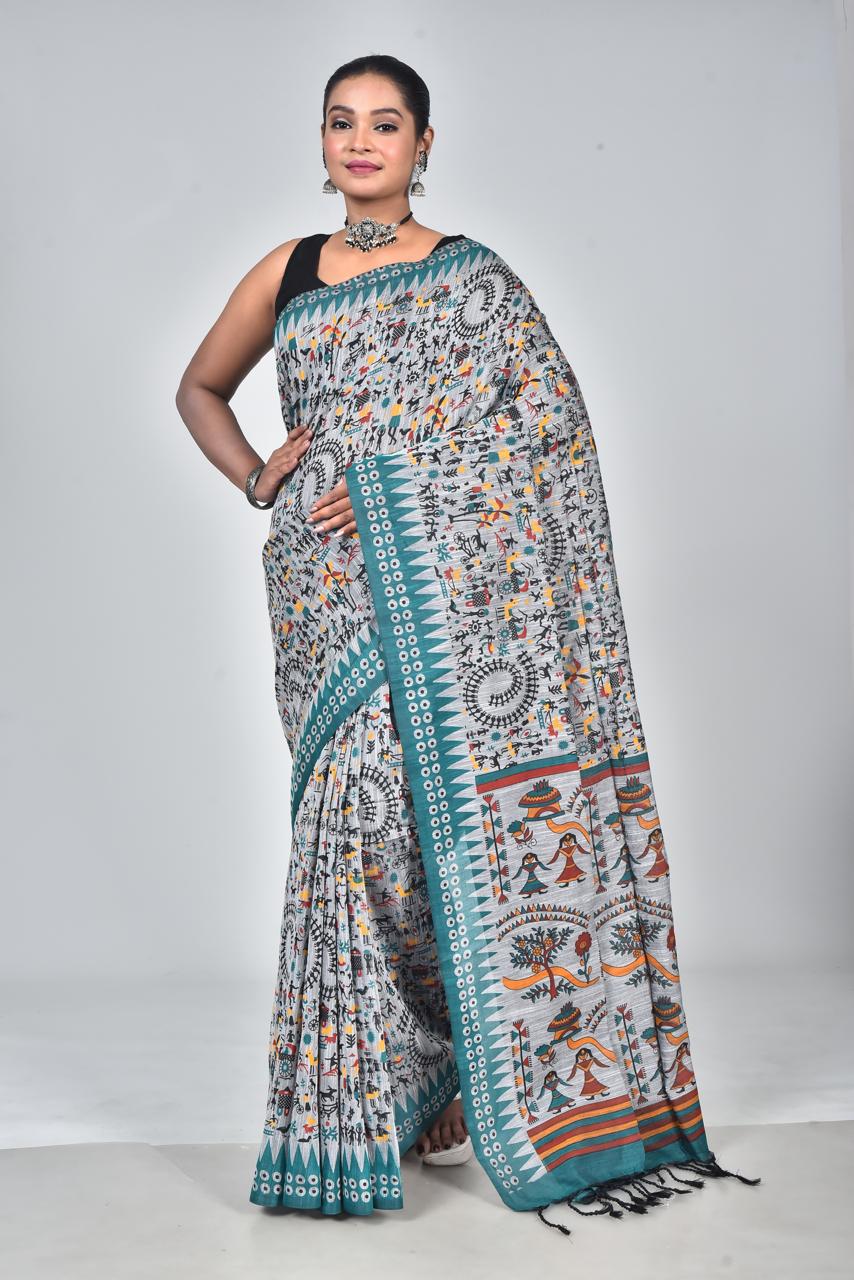 Scvf Warli Linen Cotton Warli Printed Summer Saree Collection