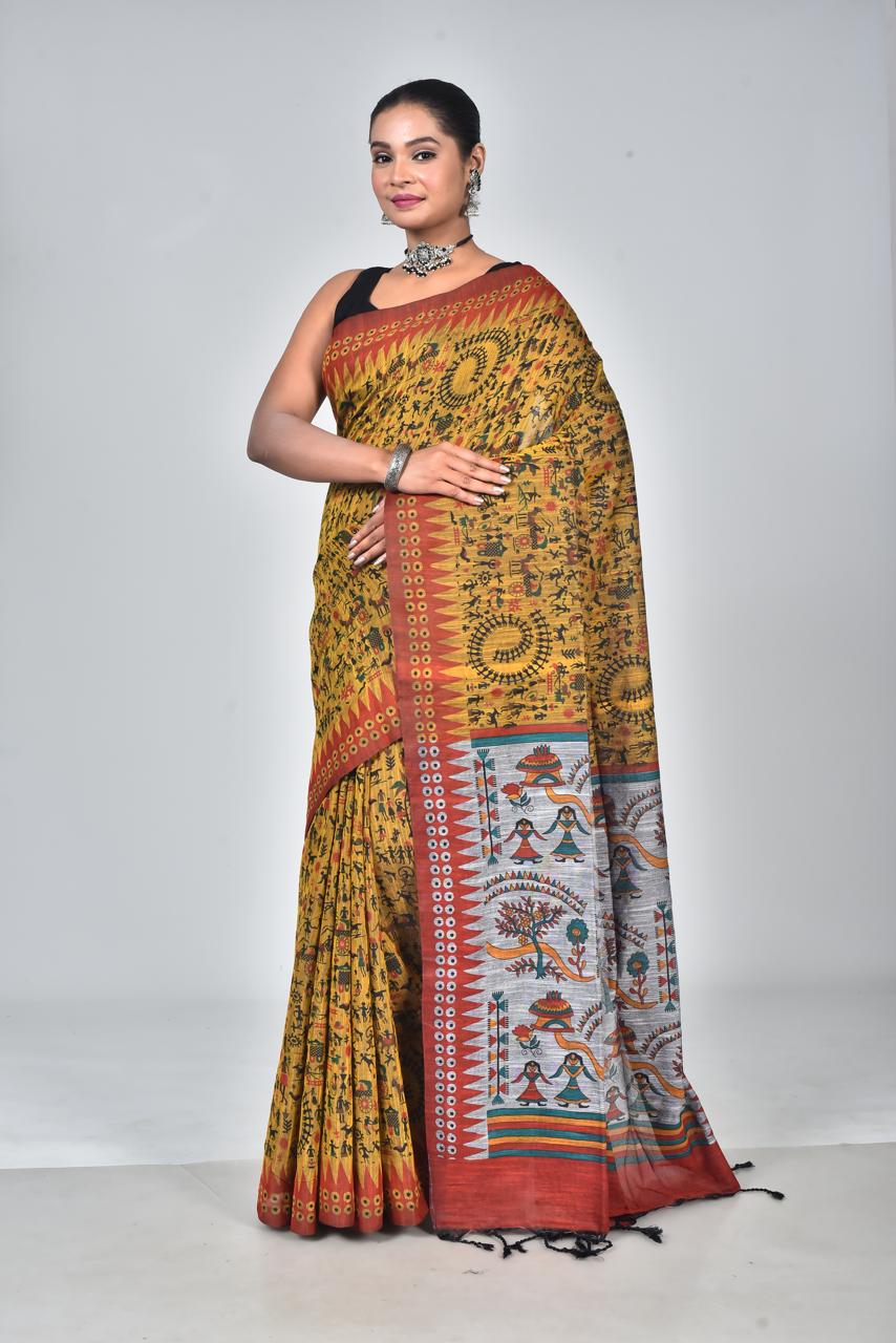 Scvf Warli Linen Cotton Warli Printed Summer Saree Collection