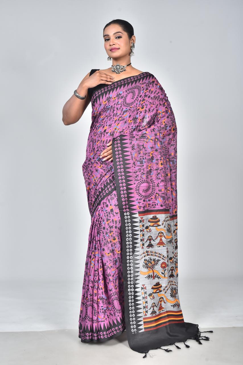 Scvf Warli Linen Cotton Warli Printed Summer Saree Collection