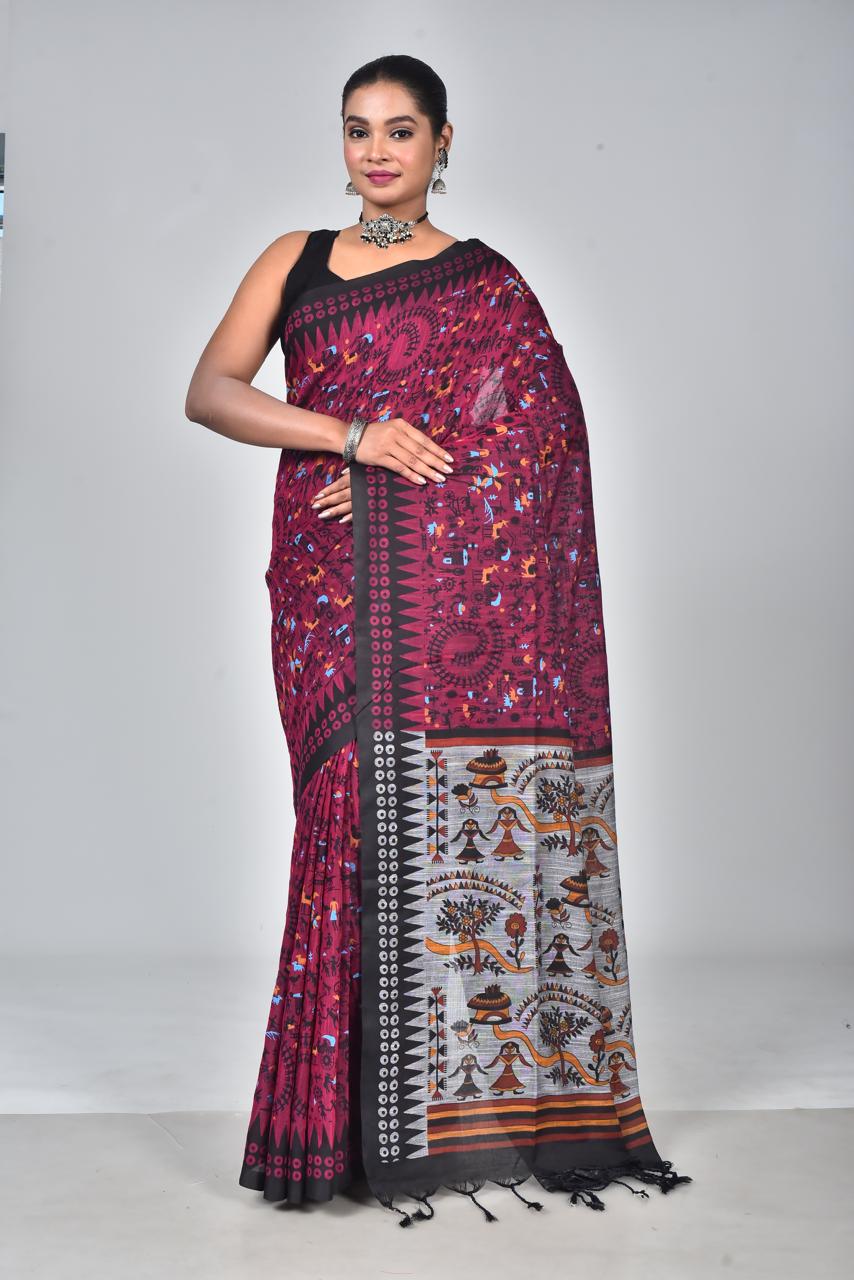 Scvf Warli Linen Cotton Warli Printed Summer Saree Collection