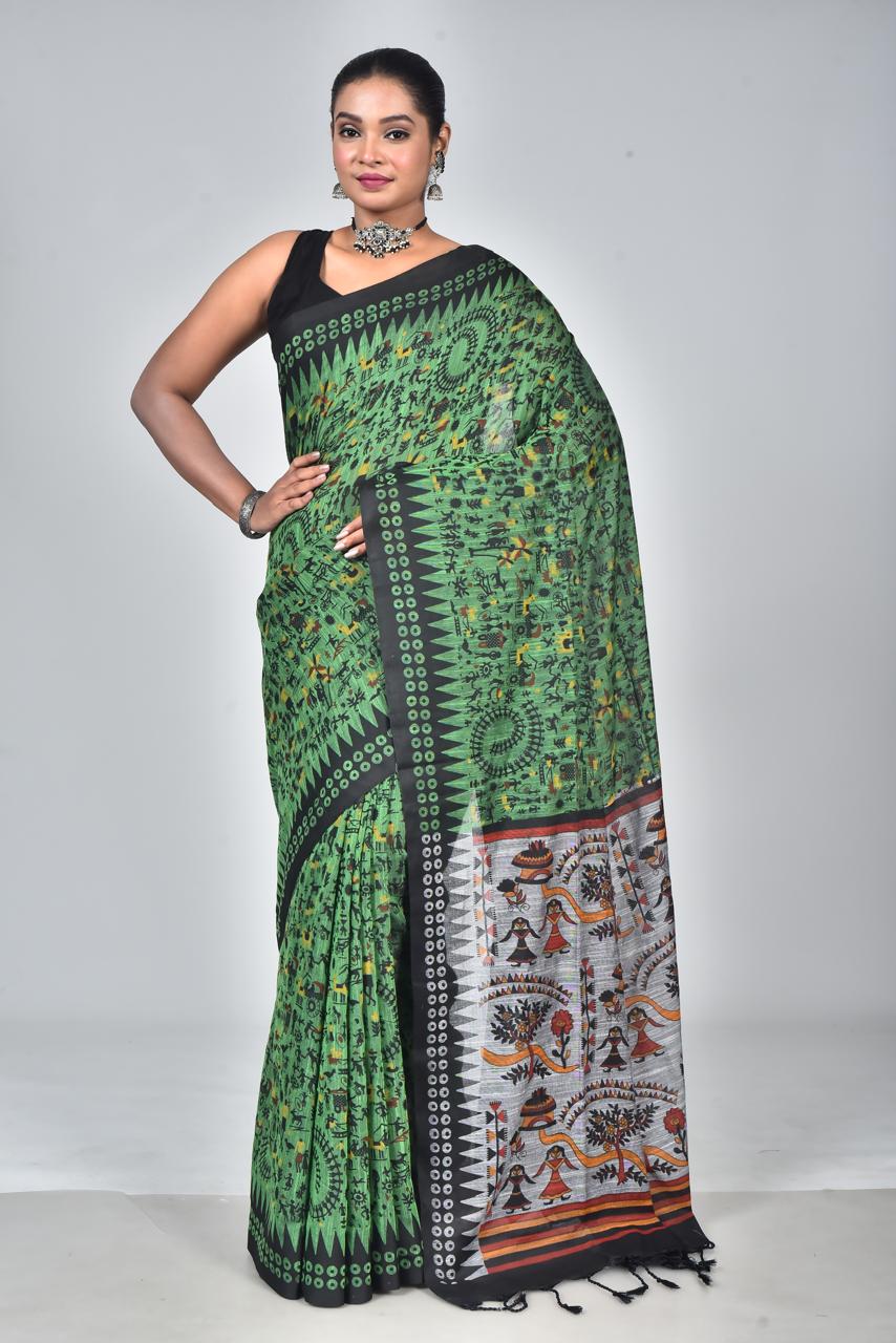 Scvf Warli Linen Cotton Warli Printed Summer Saree Collection