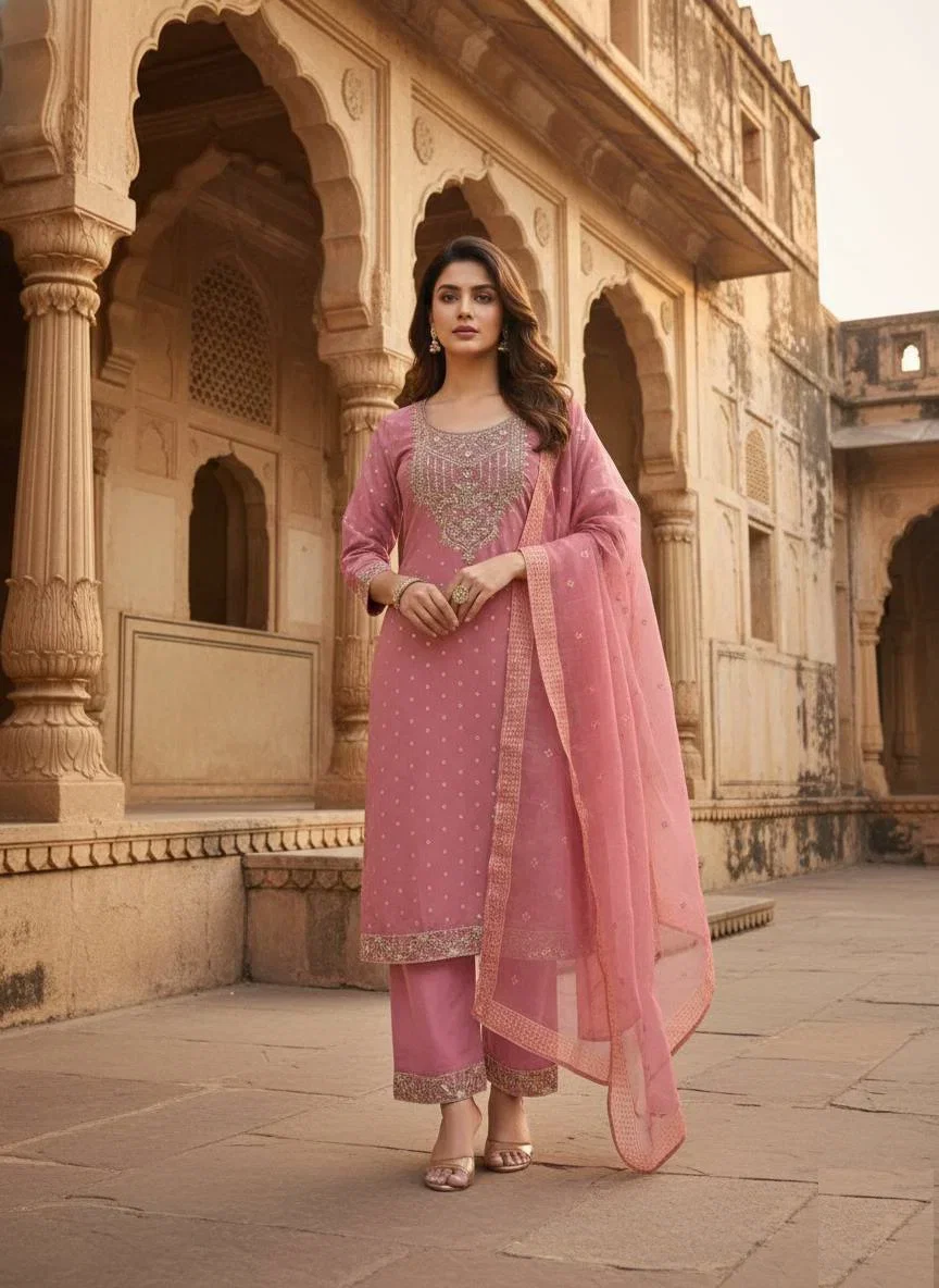 St D No 62 Chanderi Cotton Sequence Kurti With Bottom Dupatta