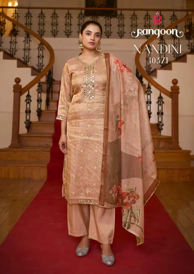 Rangoon Nandini Digital Printed With Fancy Embroidered Kurti With Bottom Dupatta