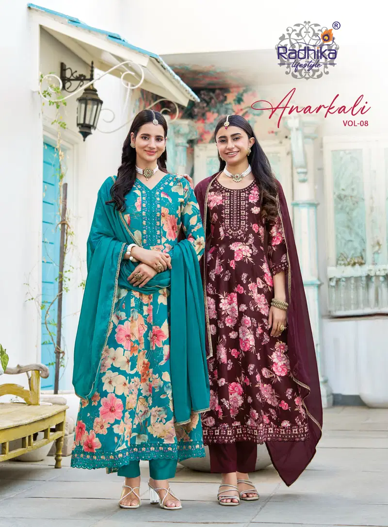 Radhika Anarkali Vol 8 Rayon With Foil Printed Kurti With Bottom Dupatta