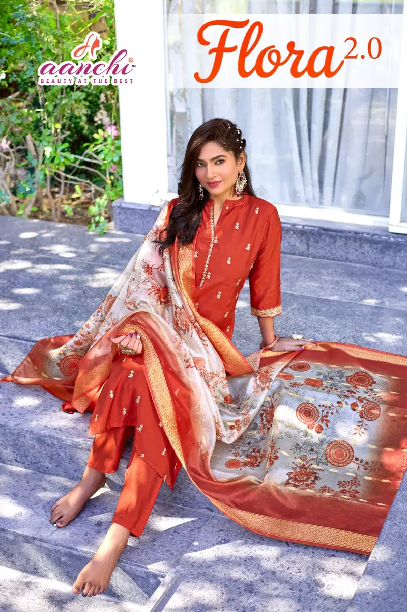 Aanchi Flora 2 Roman silk With Fancy Embroidery Worked Kurti With Bottom Dupatta