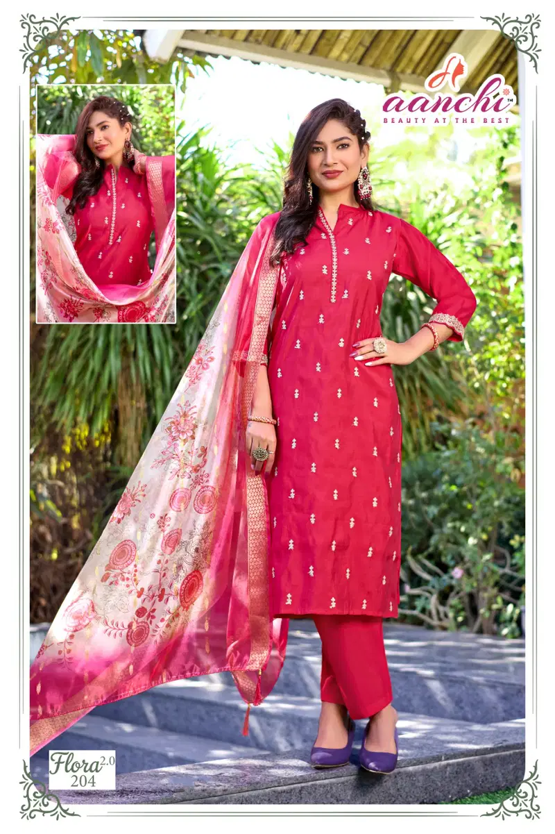 Aanchi Flora 2 Roman silk With Fancy Embroidery Worked Kurti With Bottom Dupatta