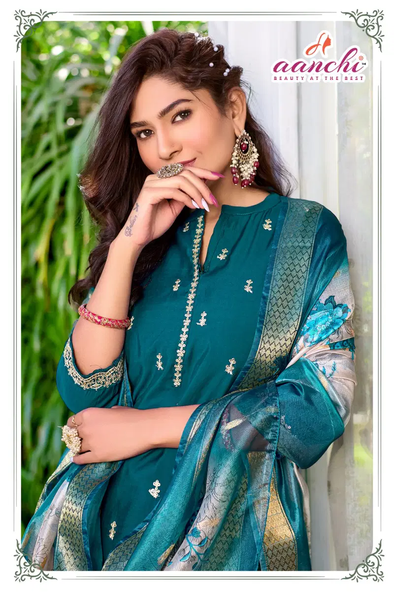 Aanchi Flora 2 Roman silk With Fancy Embroidery Worked Kurti With Bottom Dupatta