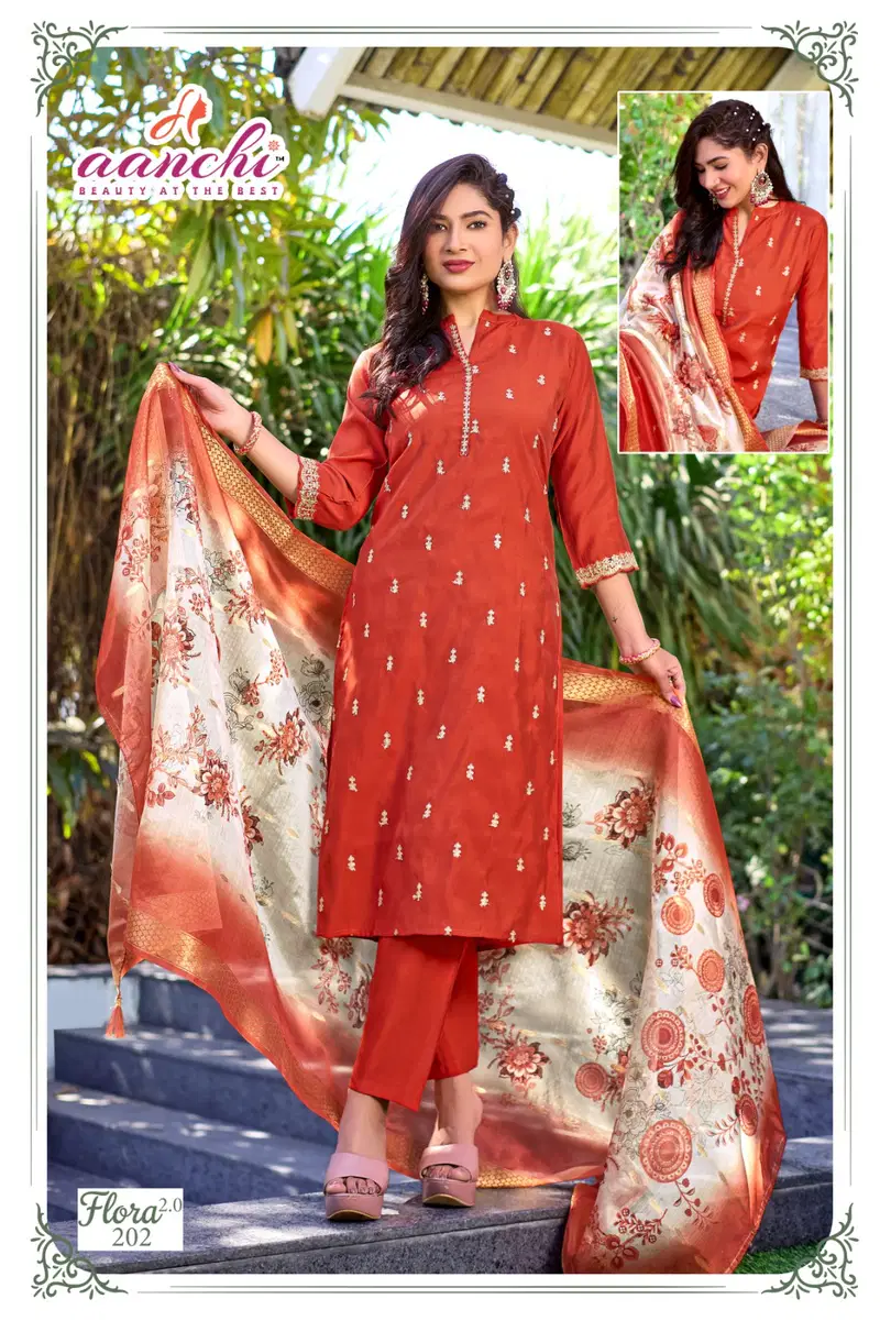 Aanchi Flora 2 Roman silk With Fancy Embroidery Worked Kurti With Bottom Dupatta