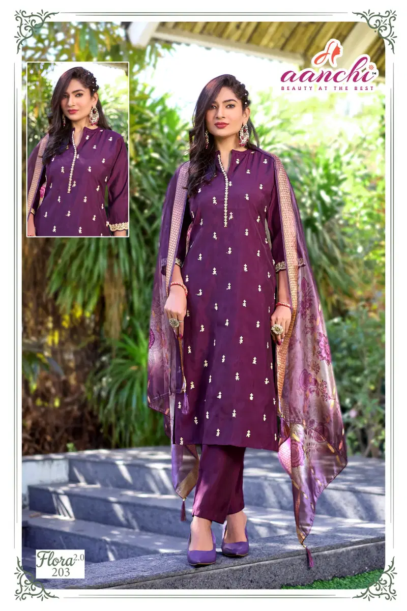 Aanchi Flora 2 Roman silk With Fancy Embroidery Worked Kurti With Bottom Dupatta
