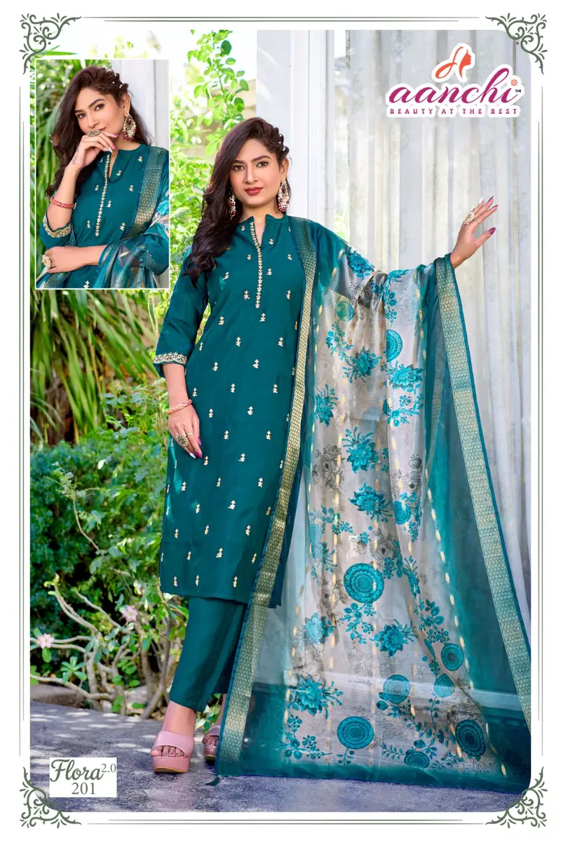 Aanchi Flora 2 Roman silk With Fancy Embroidery Worked Kurti With Bottom Dupatta