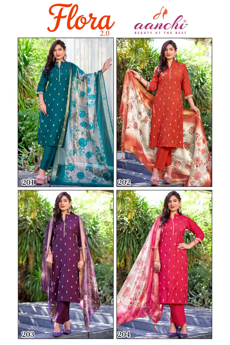 Aanchi Flora 2 Roman silk With Fancy Embroidery Worked Kurti With Bottom Dupatta