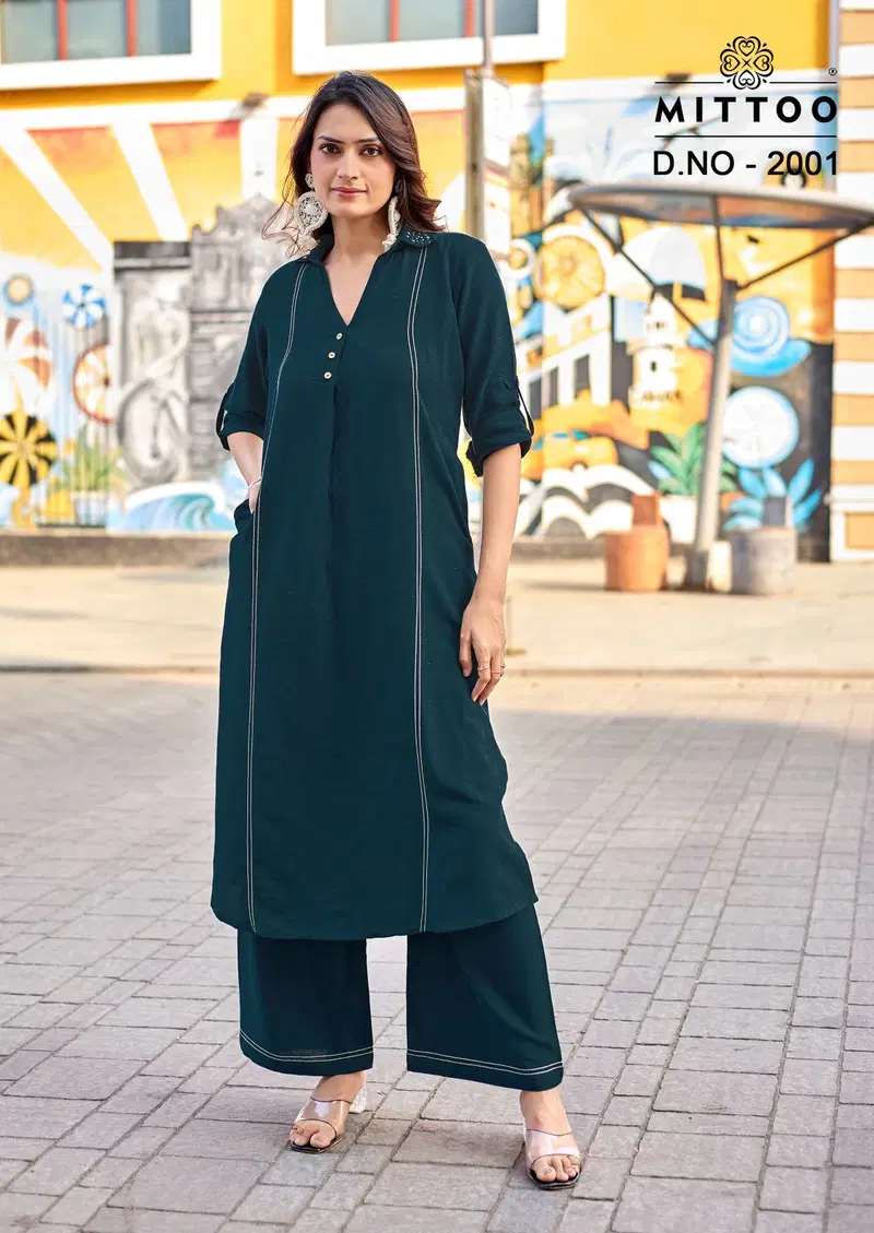 Mittoo Estilla Rayon Linen With Fance Worked Kurti With Bottom