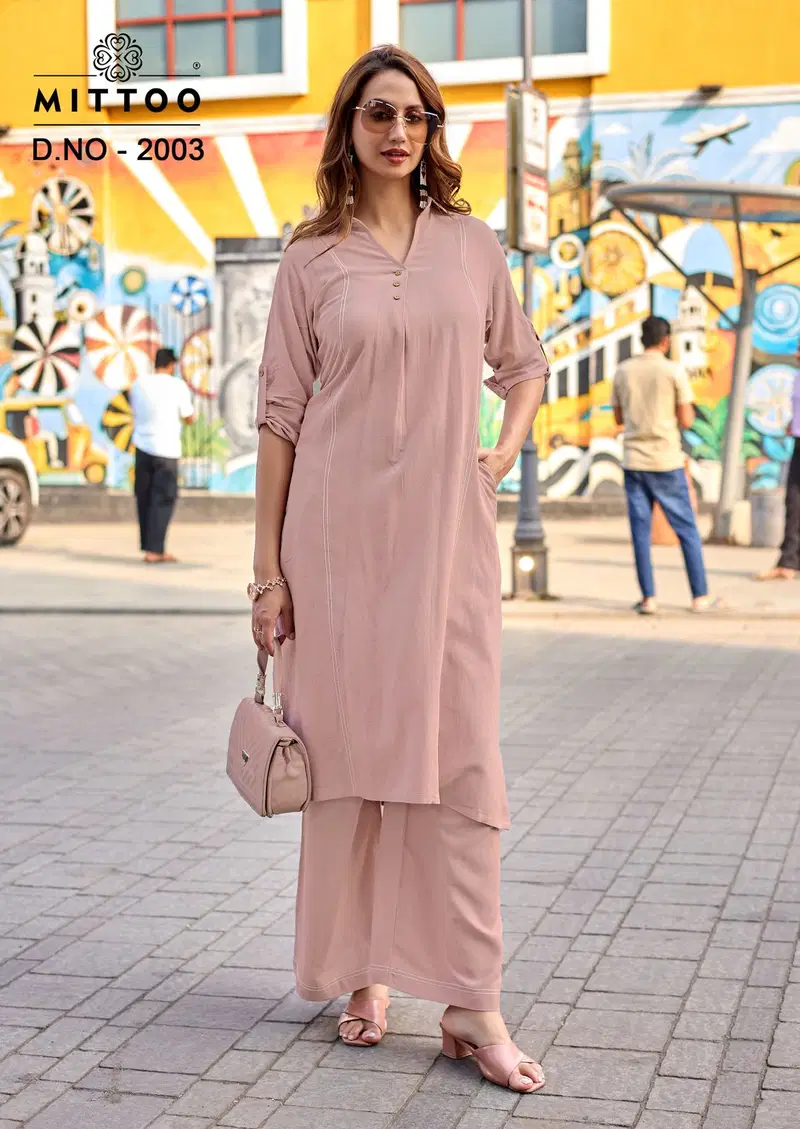 Mittoo Estilla Rayon Linen With Fance Worked Kurti With Bottom