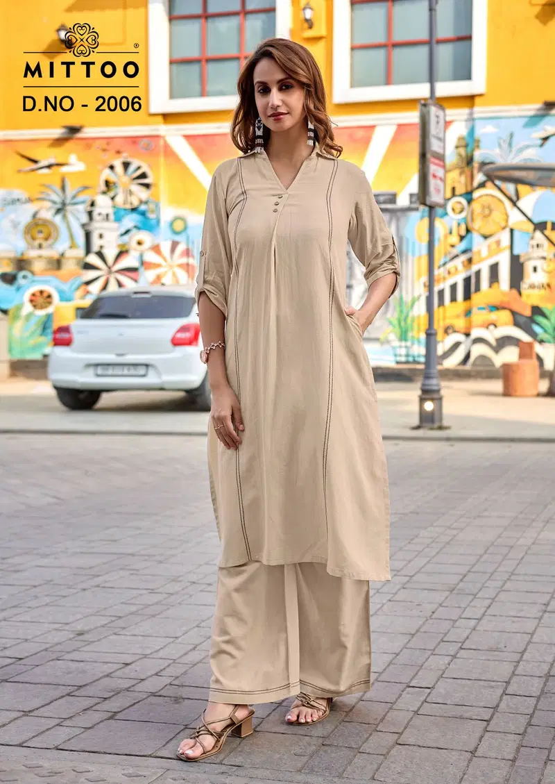 Mittoo Estilla Rayon Linen With Fance Worked Kurti With Bottom