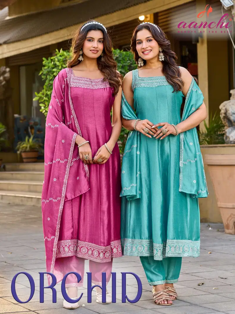 Aanchi Orchid Vichitra Silk Embroidery Worked Kurti With Bottom Dupatta