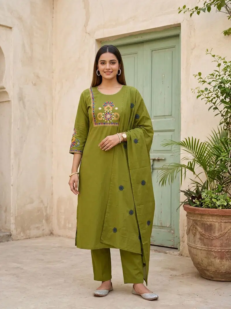 Naisha K 814 Cotton Embroidered Kurti With Bottom Dupatta