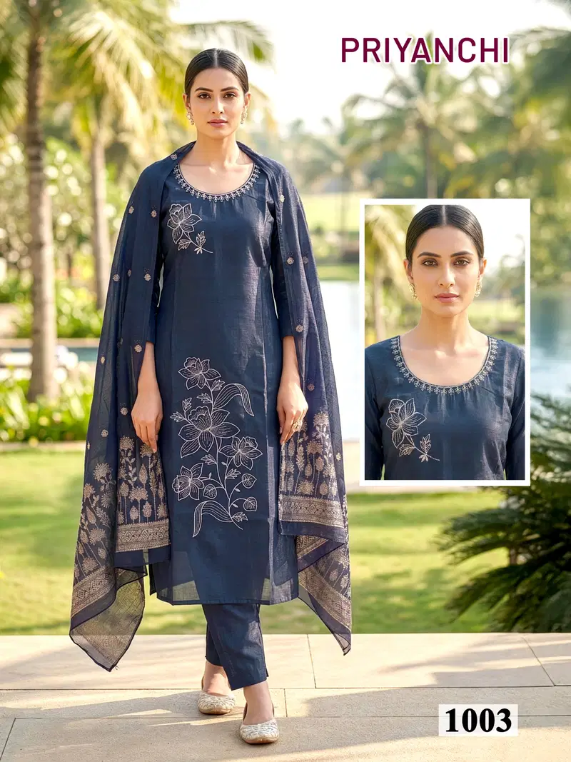 Priyanchi D No 1001 To 06 Roman Silk Fancy Kurti With Bottom Dupatta