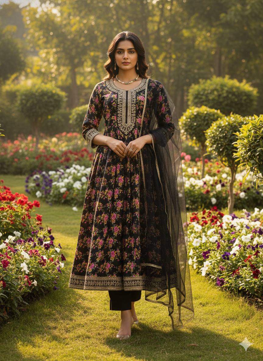 St D No 51 Crepe Silk Embroidered Kurti With Bottom Dupatta