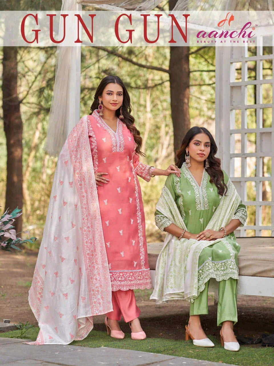 Aanchi Gun Gun Mal Chanderi Embroidered Kurti With Bottom Dupatta