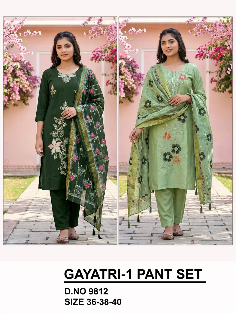 Gayatri 9812 And 9813 Roman Silk Embroidery Kurti Set Collection