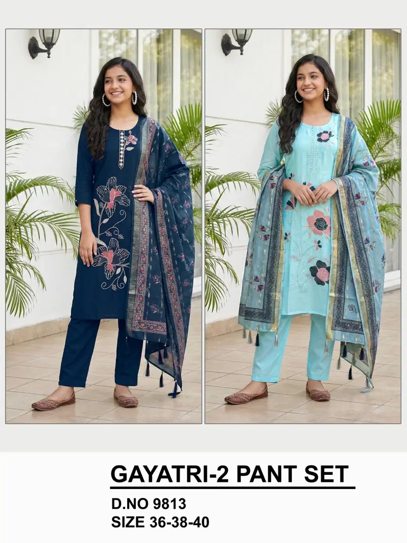 Gayatri 9812 And 9813 Roman Silk Embroidery Kurti Set Collection