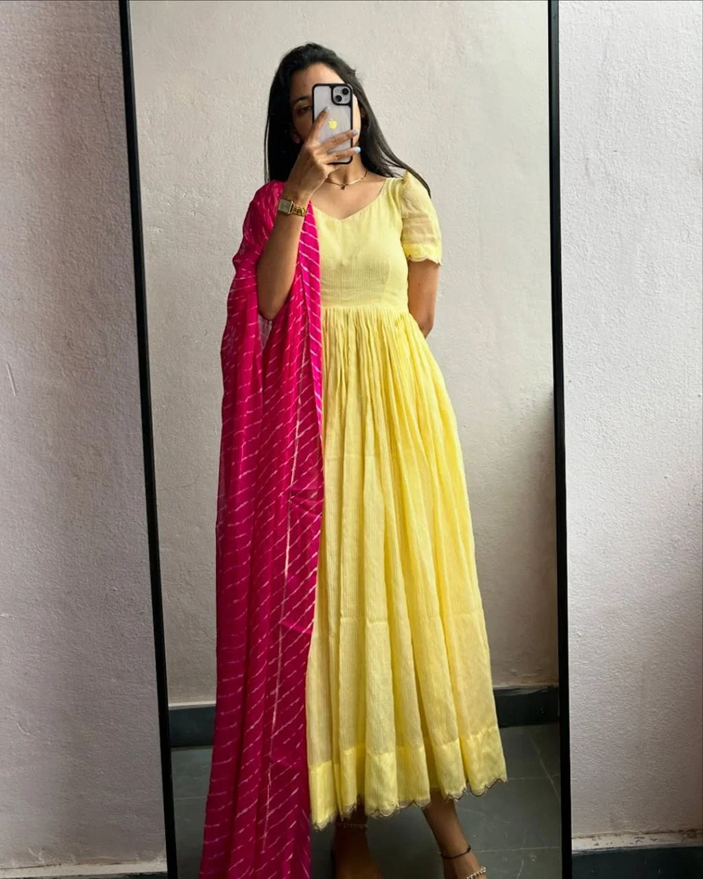 Lekha YC Lehar Yellow Alfino Chiffon Gown With Dupatta