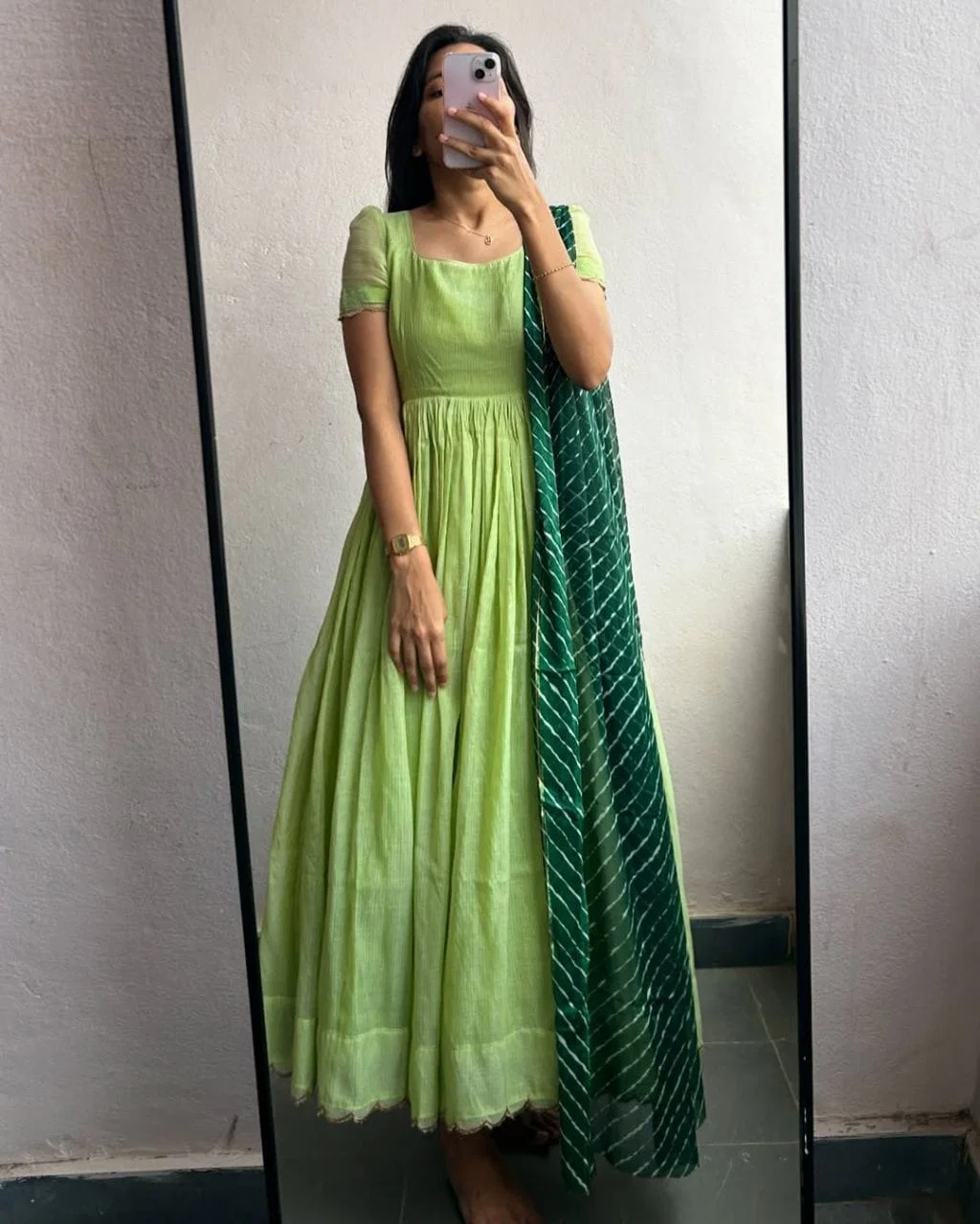 Lekha YC Lehar Green Alfino Chiffon Gown With Dupatta