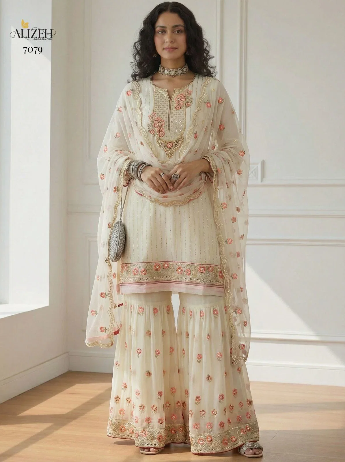Alizeh 7079 Georgette Embroidered With Sequence Worked Top Sharara And Dupatta
