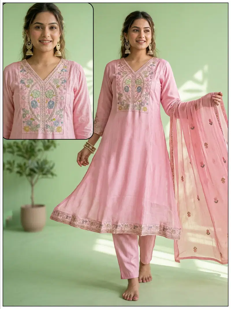Naisha K 819 Mul Chanderi Embroidered Fancy Kurti With Bottom Dupatta