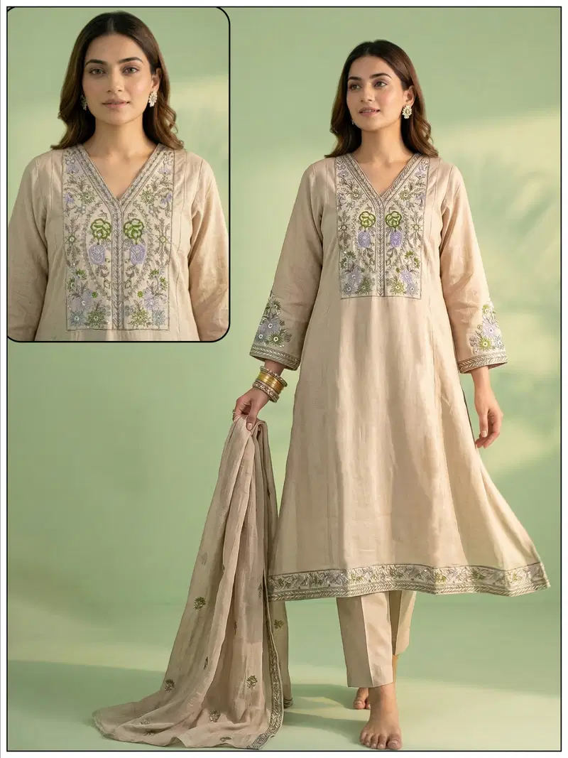 Naisha K 819 Mul Chanderi Embroidered Fancy Kurti With Bottom Dupatta