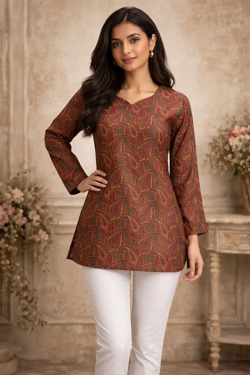 Aawiya RJ 30 Muslin Digital Printed Tunic Style Top With Bottom