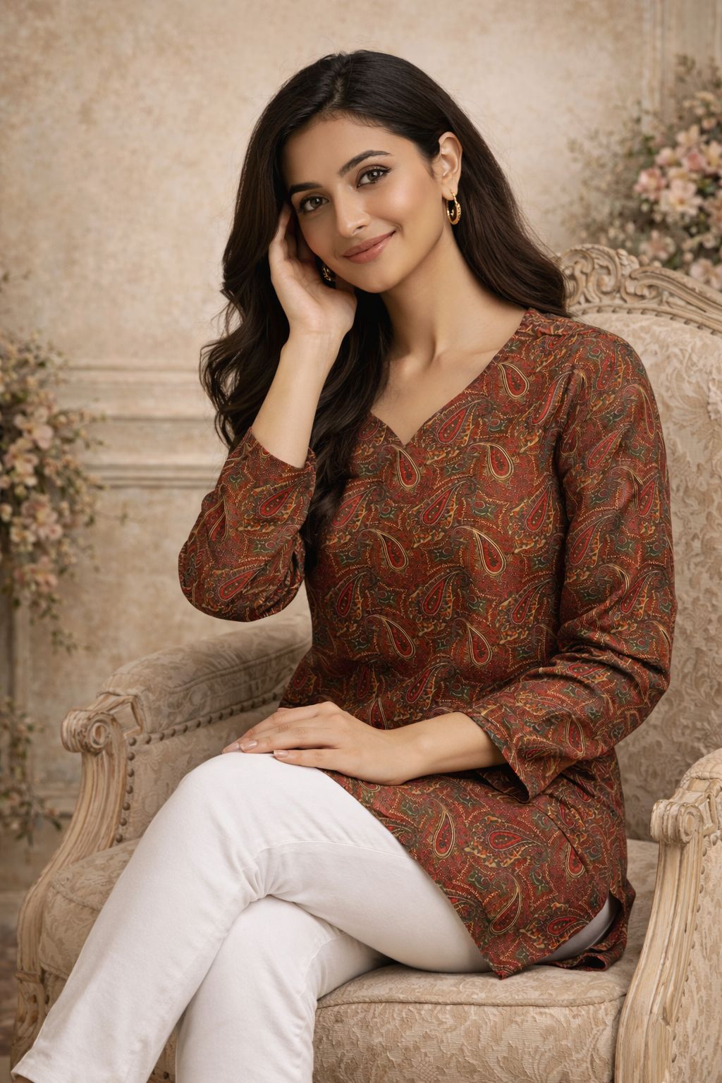 Aawiya RJ 30 Muslin Digital Printed Tunic Style Top With Bottom