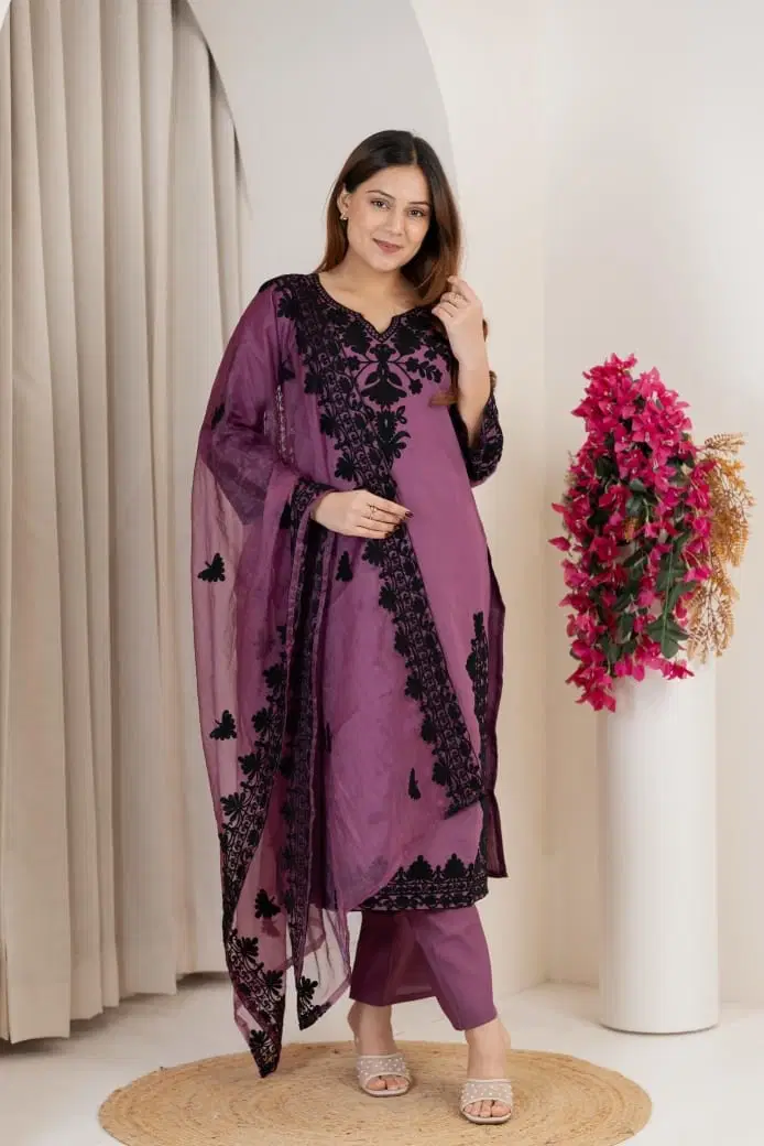 Naisha K 821 Roman Silk Thread Worked Kurti With Bottom Dupatta