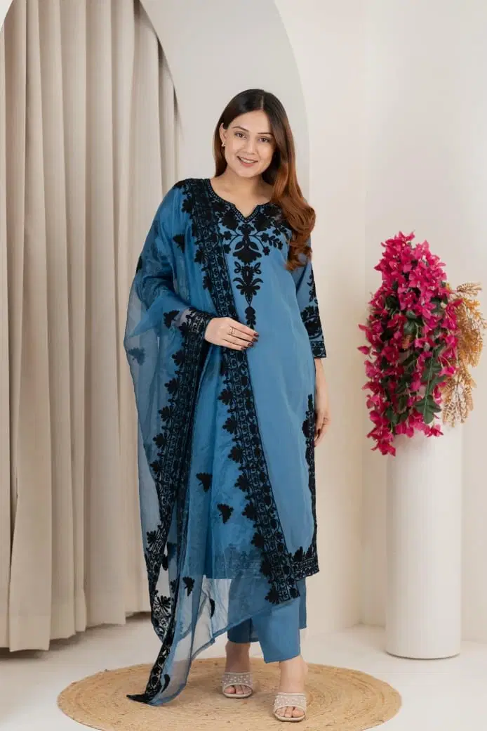 Naisha K 821 Roman Silk Thread Worked Kurti With Bottom Dupatta