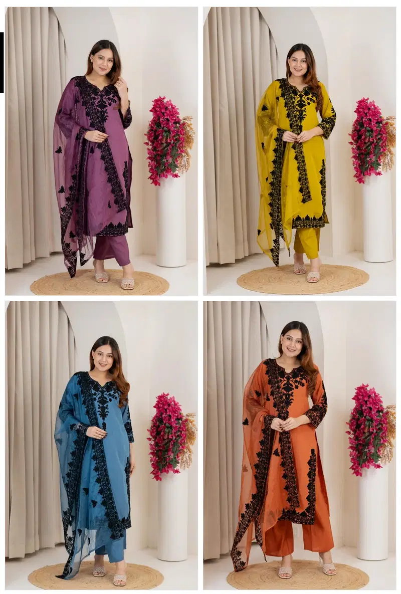 Naisha K 821 Roman Silk Thread Worked Kurti With Bottom Dupatta