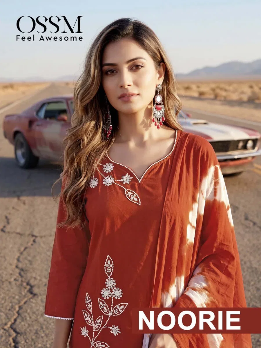 Ossm Noorie Dhabu Cotton Embroidery Worked Kurti With Bottom Dupatta
