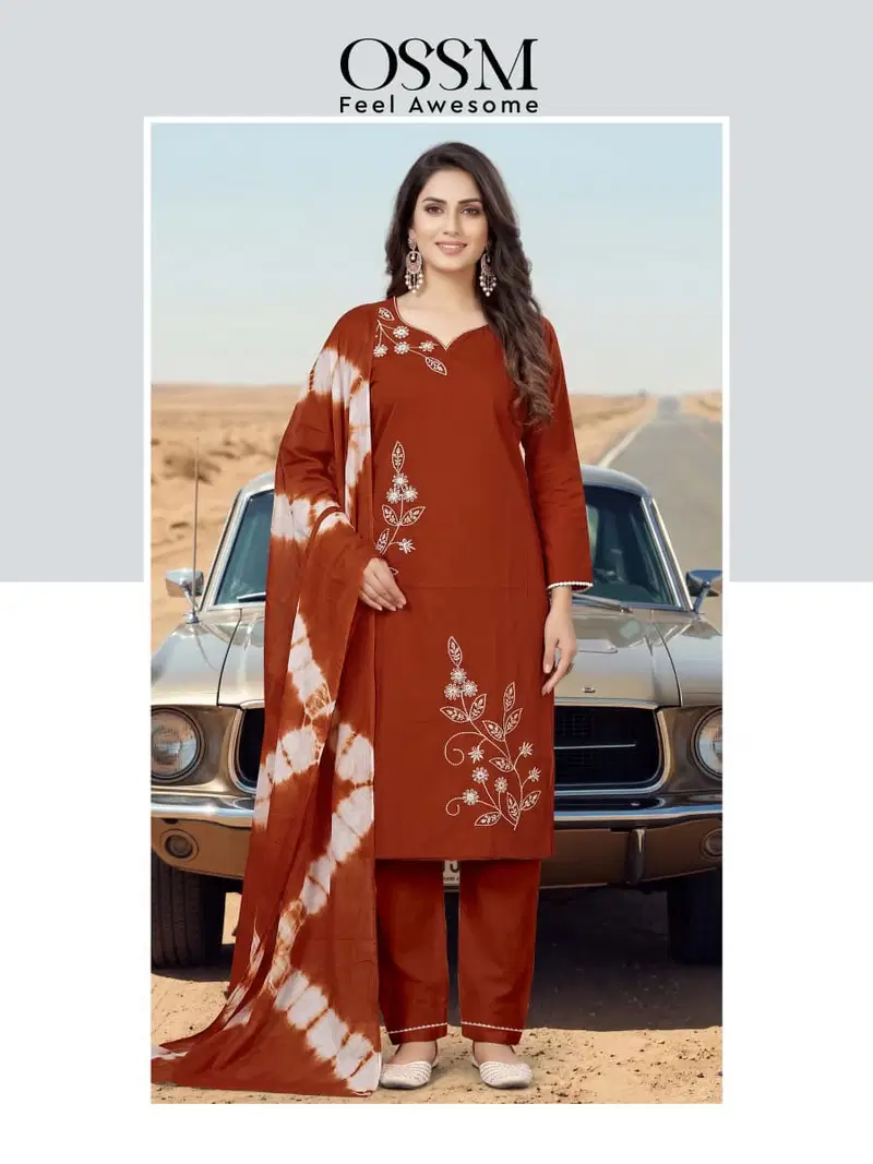Ossm Noorie Dhabu Cotton Embroidery Worked Kurti With Bottom Dupatta