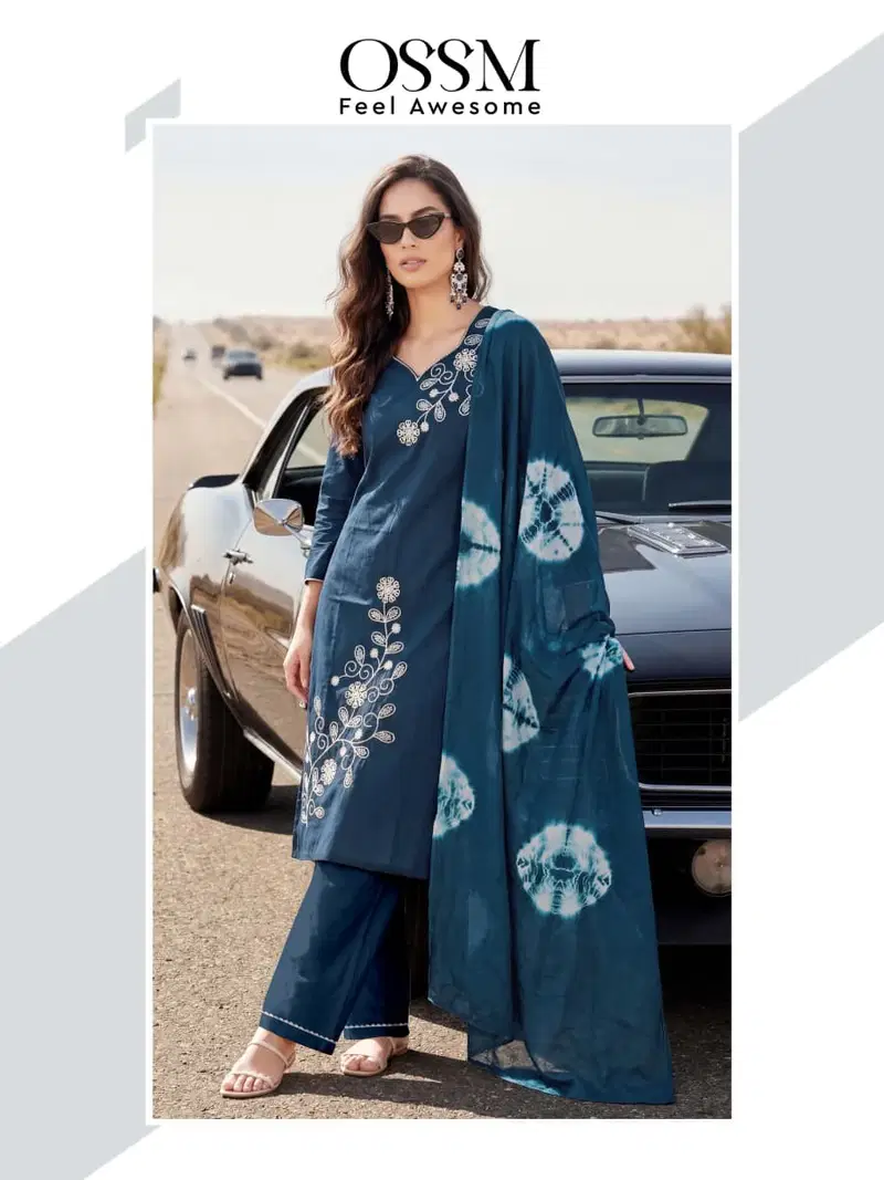 Ossm Noorie Dhabu Cotton Embroidery Worked Kurti With Bottom Dupatta