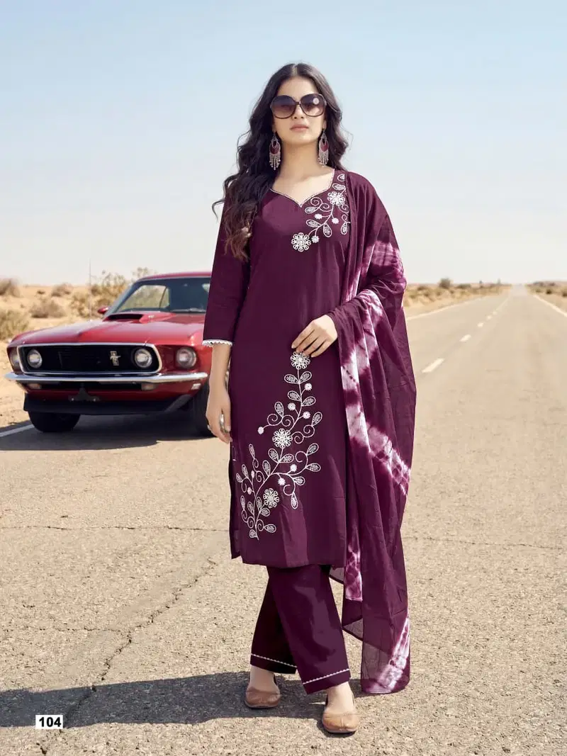 Ossm Noorie Dhabu Cotton Embroidery Worked Kurti With Bottom Dupatta